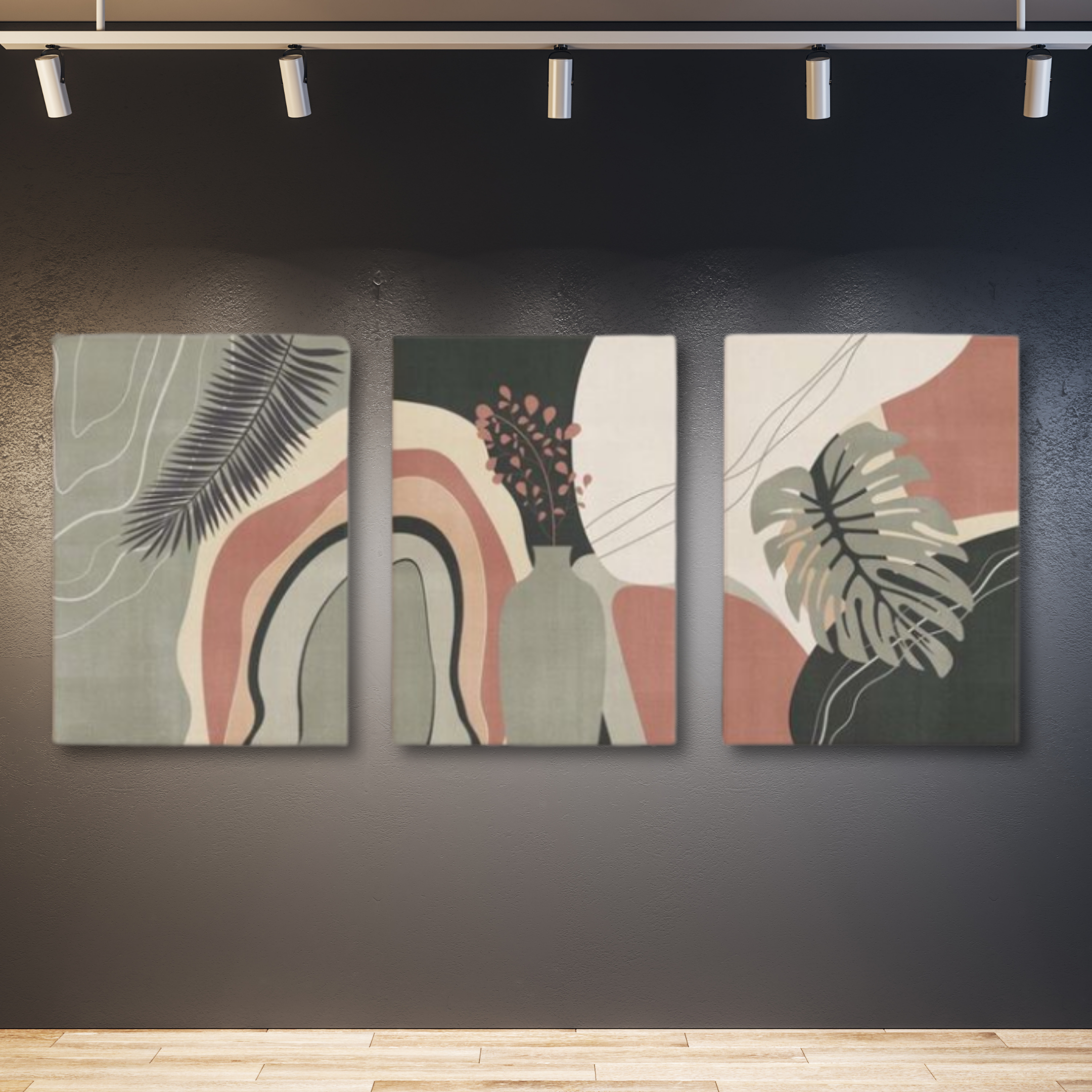 Boho tríptico rosa, verde y gris