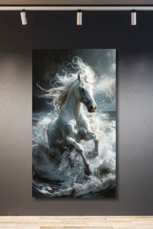 Caballo blanco saliendo del mar frío