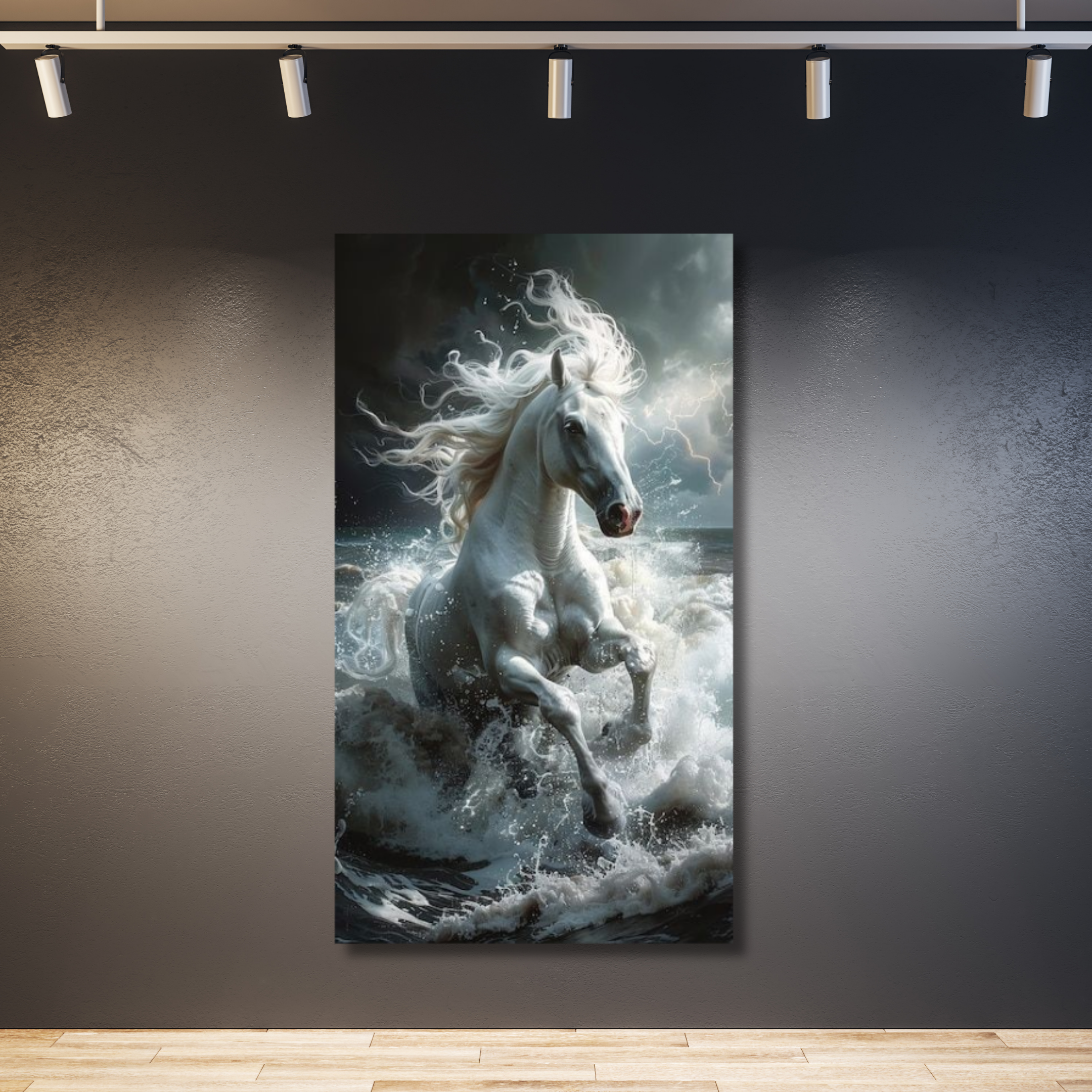 Caballo blanco saliendo del mar frío