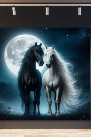 Caballo blanco y negro bajo la luna