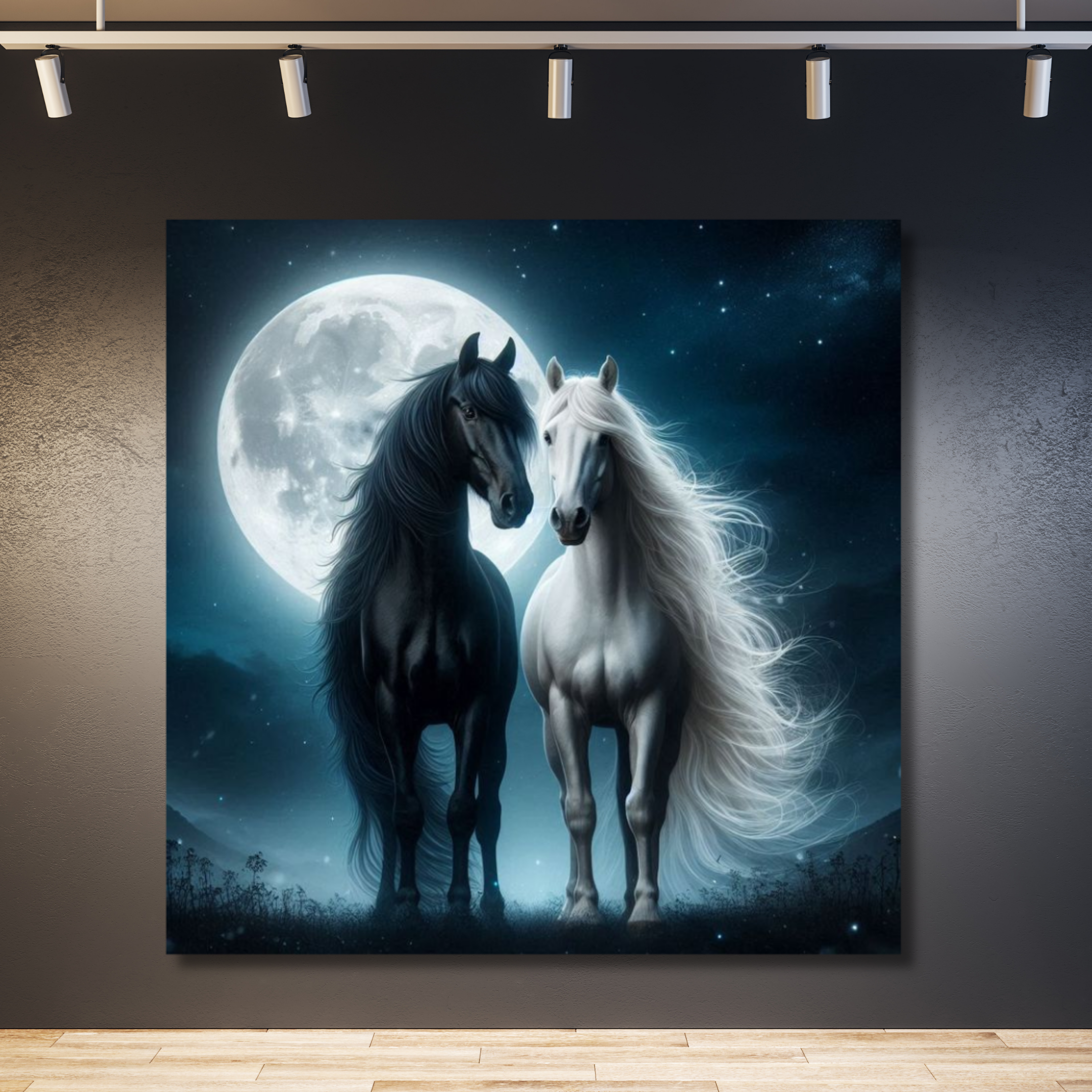 Caballo blanco y negro bajo la luna