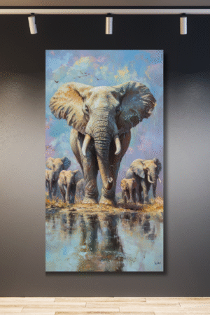 Cinco elefantes reflejo en el agua