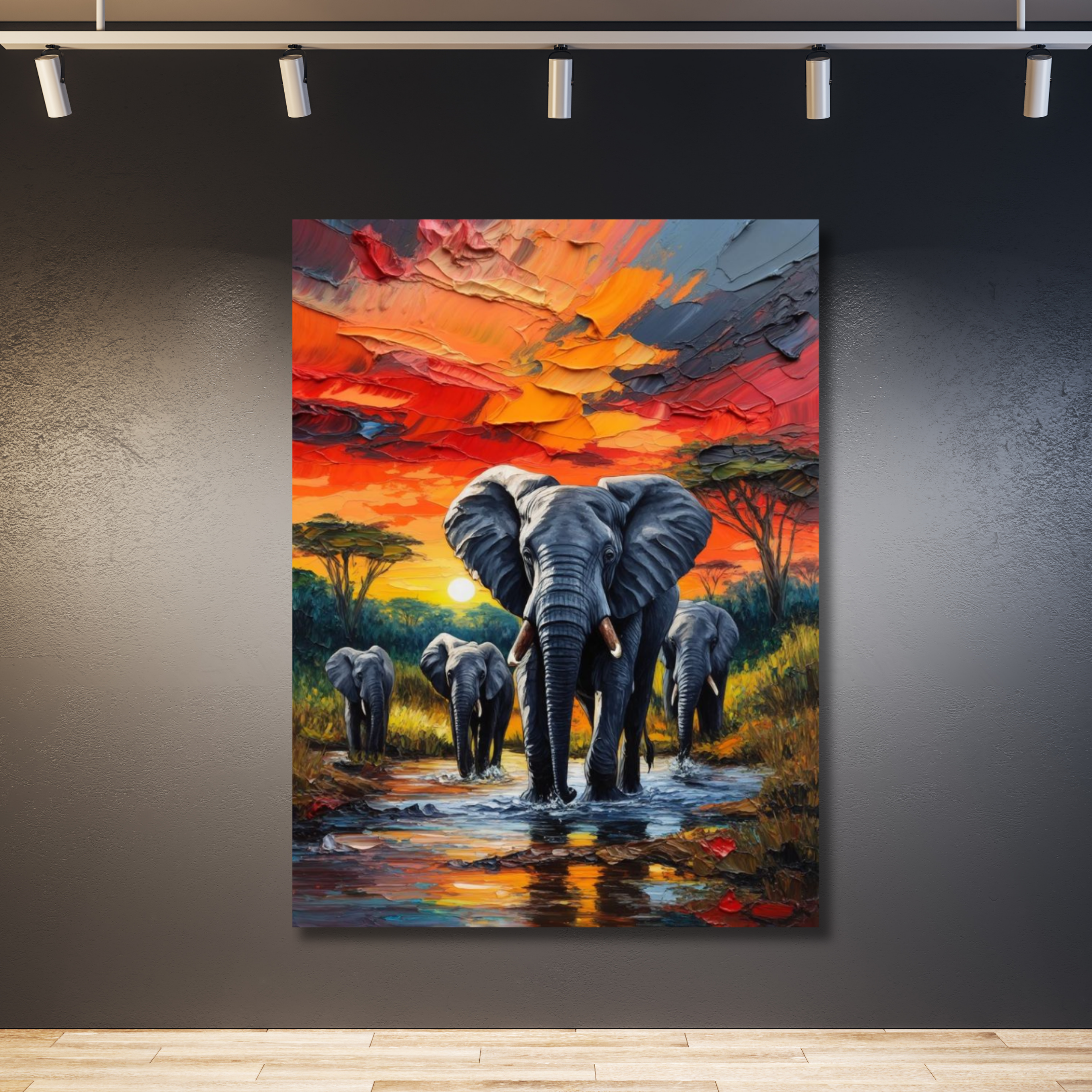 Cuatro elefantes fondo colorido