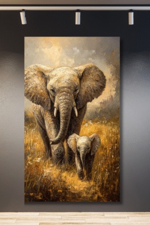 Elefante adulto y bebé en prado amarillo