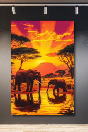 Elefante adulto y bebé fondo naranja y fucsia