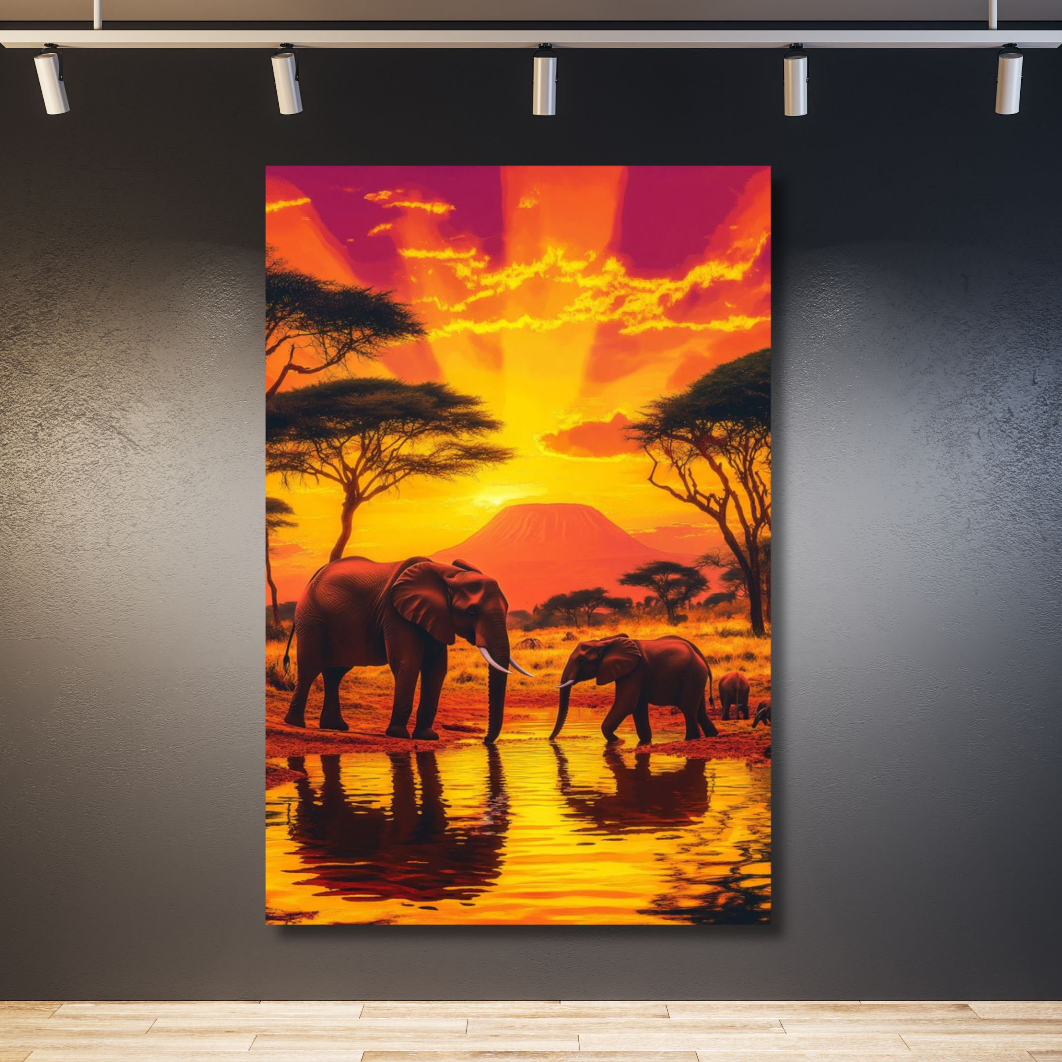 Elefante adulto y bebé fondo naranja y fucsia