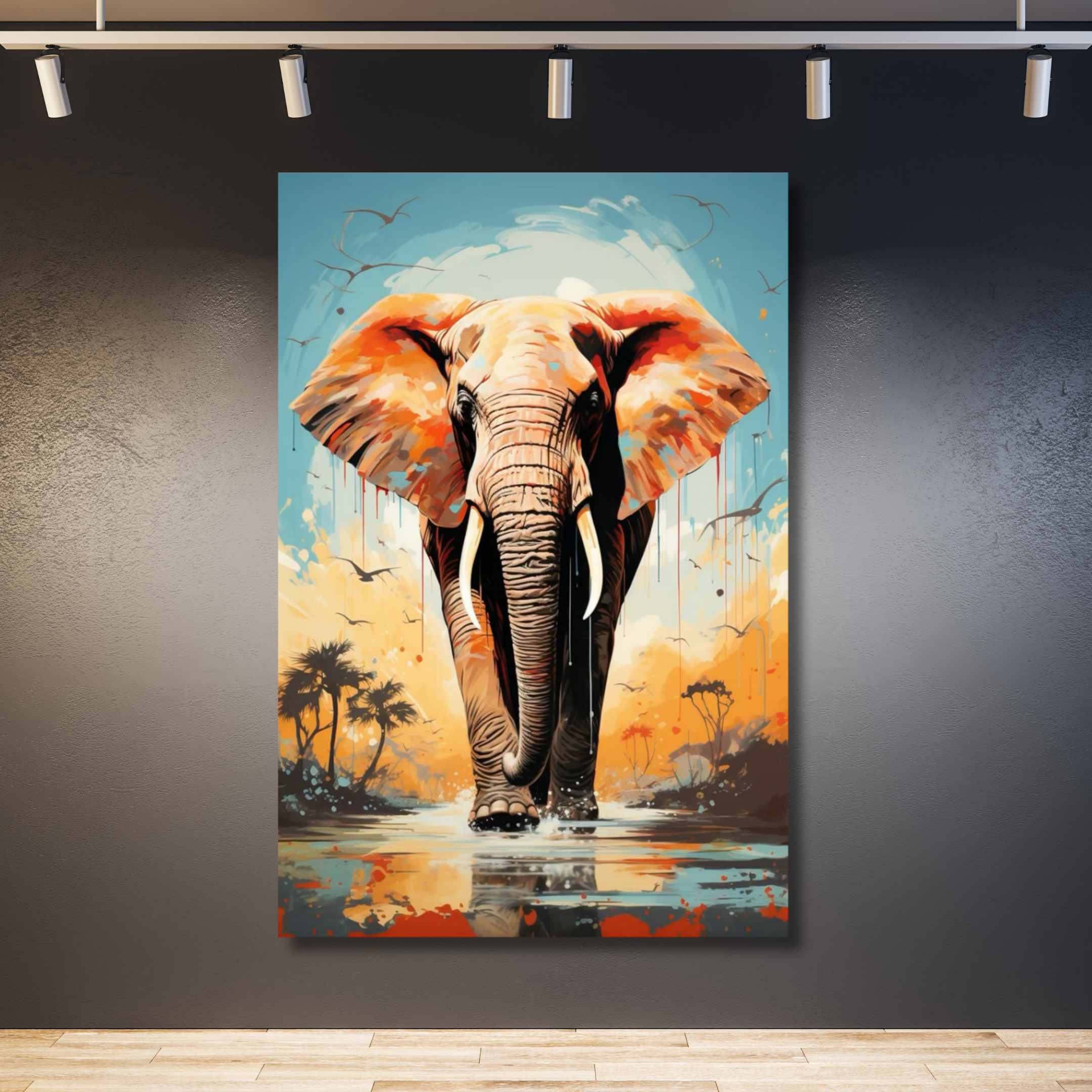 Elefante cielo, agua y palmeras