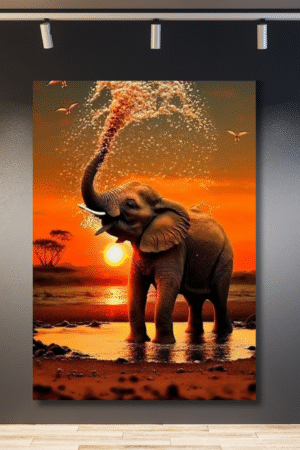 Elefante trompa arriba con fondo naranja