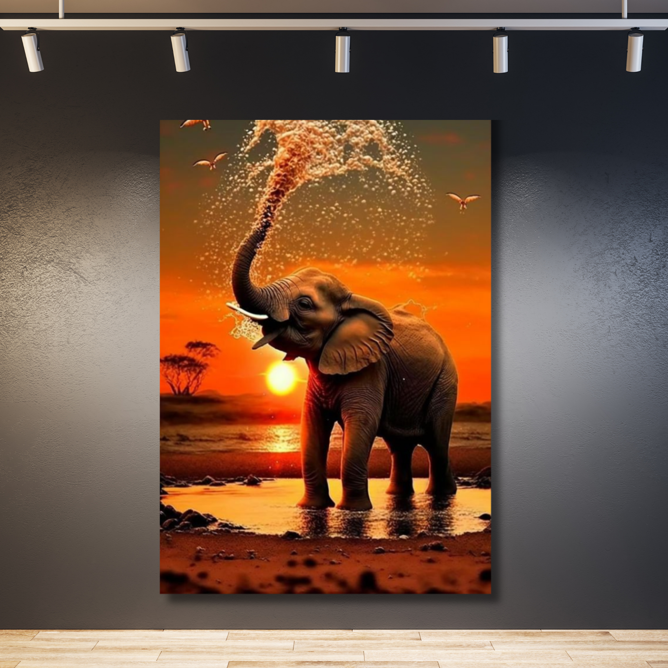 Elefante trompa arriba con fondo naranja