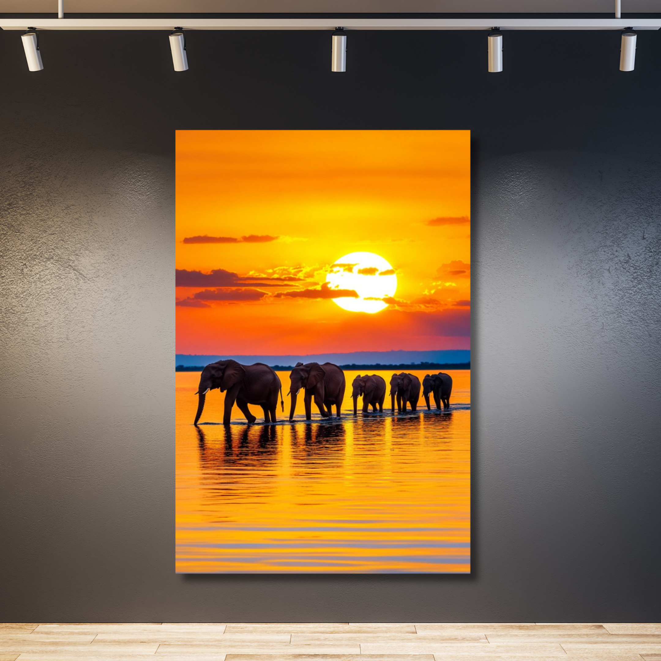 Elefantes en fila atardecer colorido