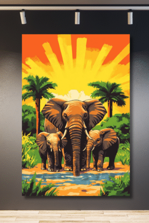 Familia de tres elefantes con fondo colorido