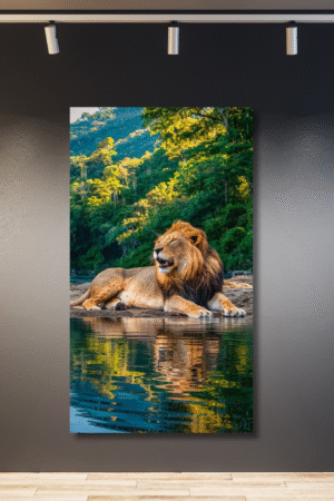 León al borde del estanque