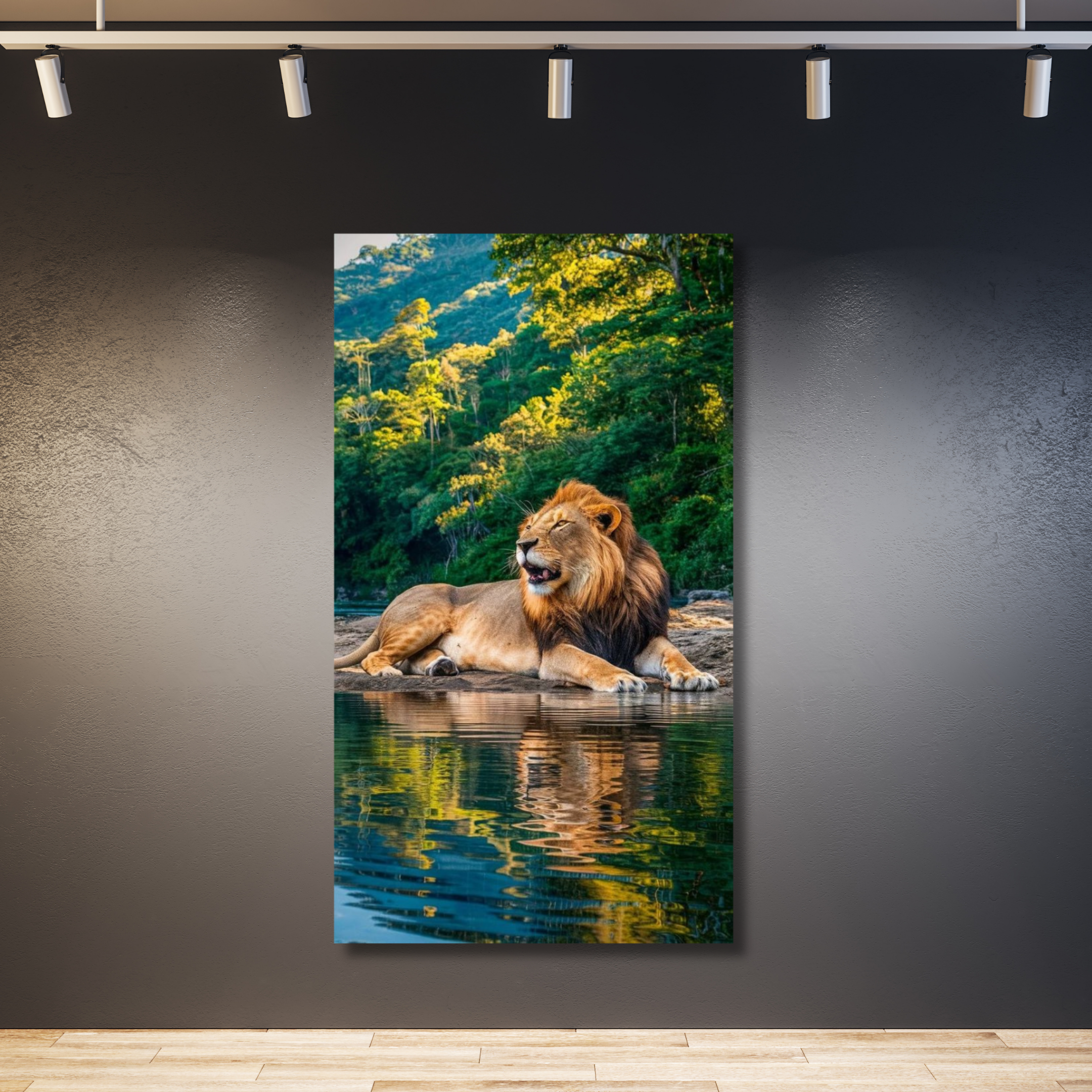 León al borde del estanque