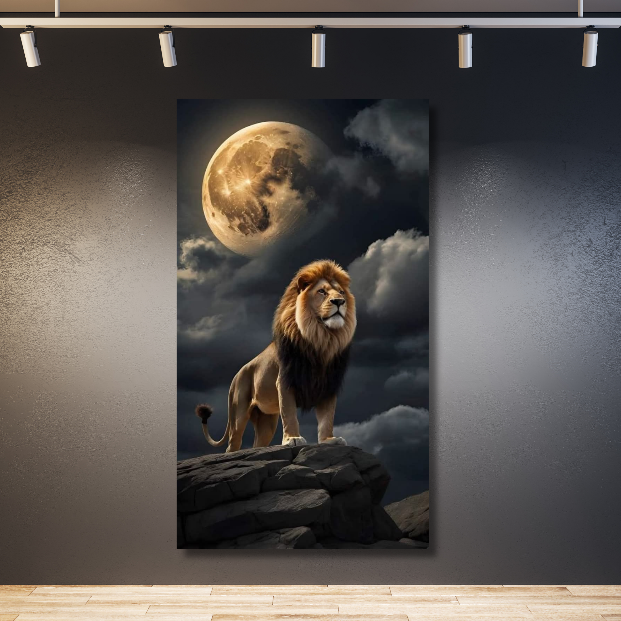 León bajo la luna de noche