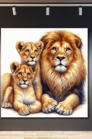 León con dos cachorros con fondo blanco lateral