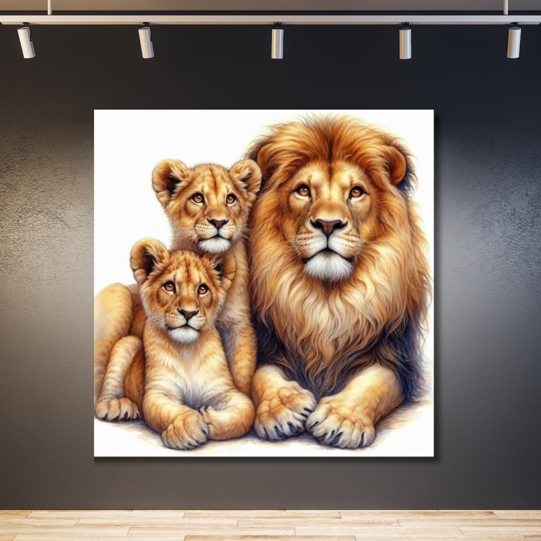 León con dos cachorros con fondo blanco lateral