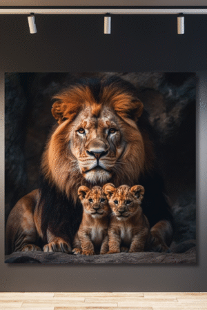 León con dos cachorros frente