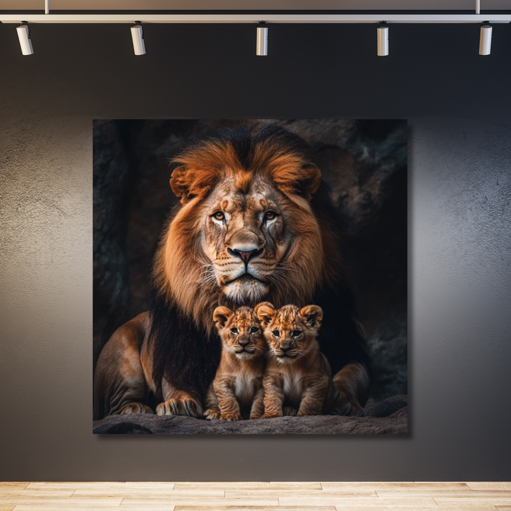 León con dos cachorros frente