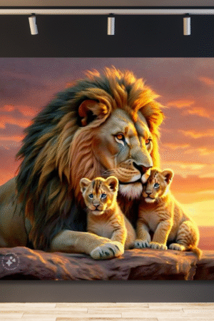 León en atardecer dos cachorros