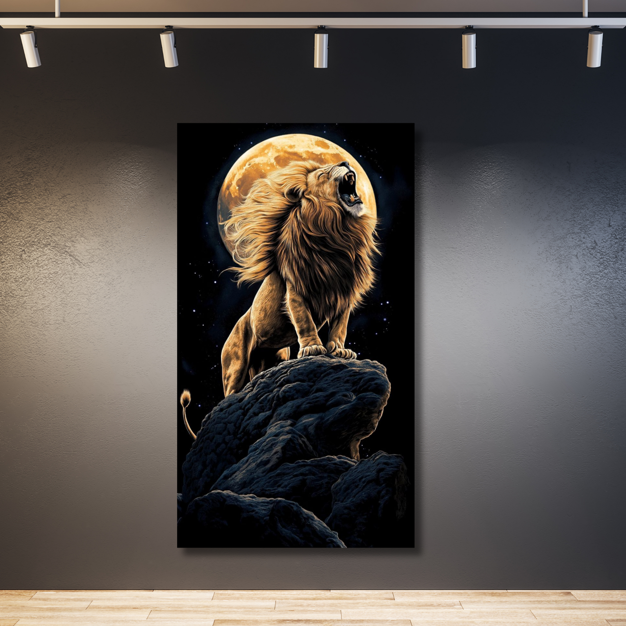 León rugiendo a la luna en risco