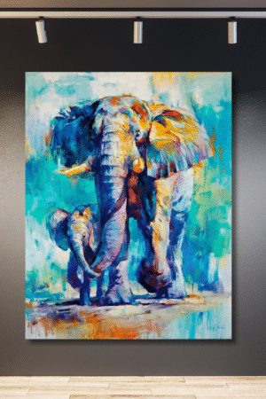 Pareja de elefantes pequeño y grande pintura azul