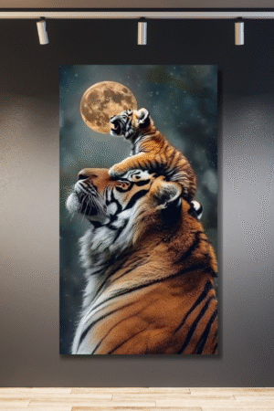 Tigre adulto y cachorro a la luna