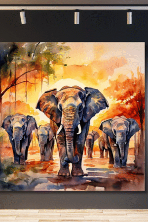 Tres elefantes con fondo otoñal pintura