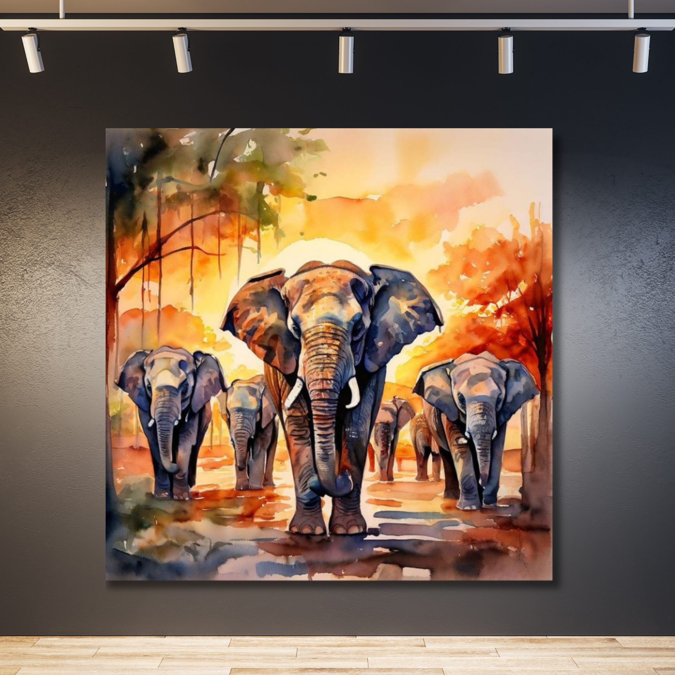 Tres elefantes con fondo otoñal pintura