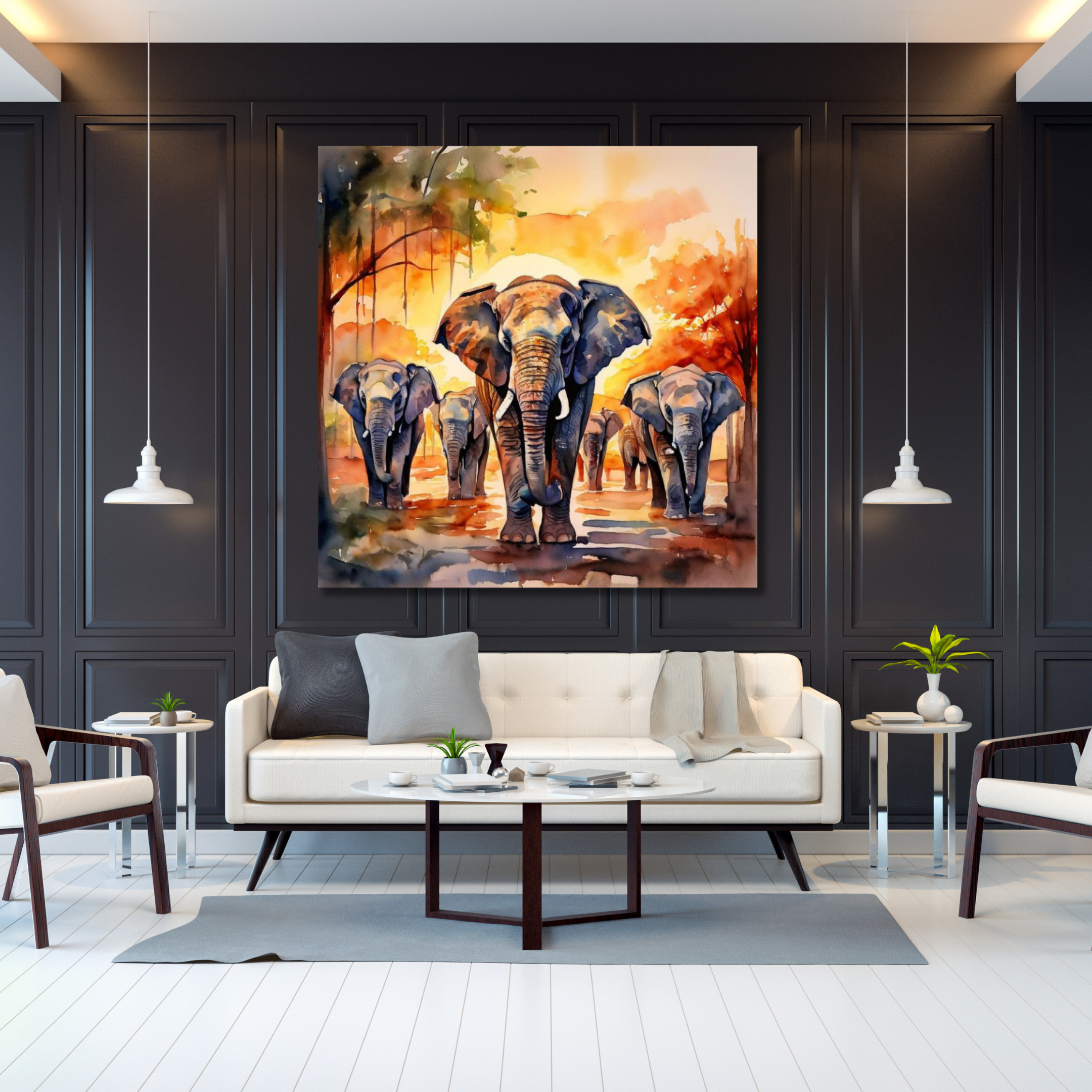 Tres elefantes con fondo otoñal pintura - Image 2